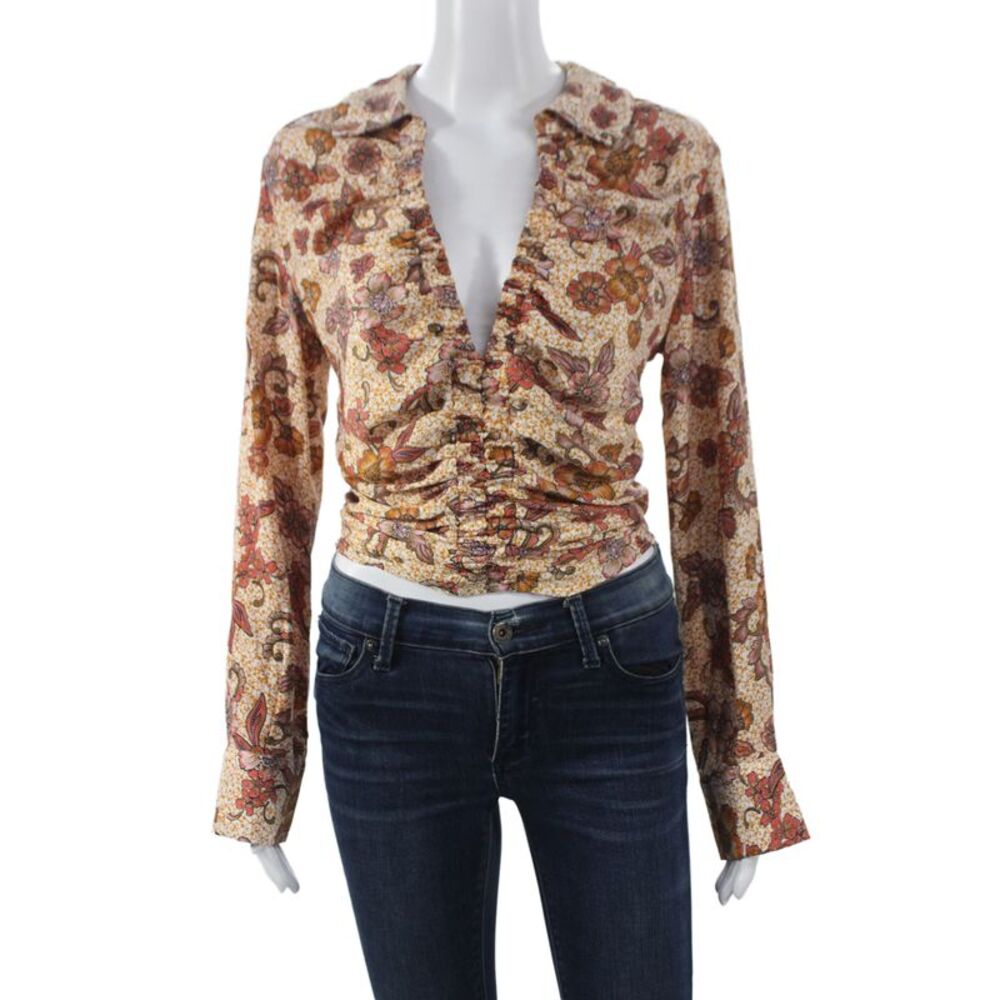 A.L.C. Women Cropped Floral Silk Collared Button Long Sleeve Boho Blouse Size 0